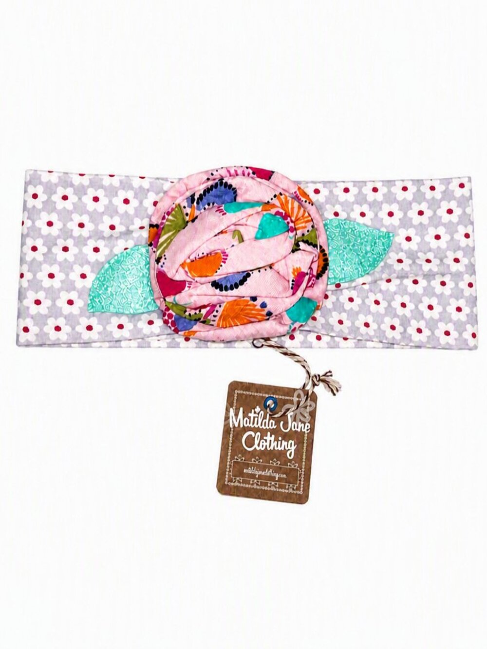 Matilda Jane Daisy Headband with Pink Rosette & Mint Leaves